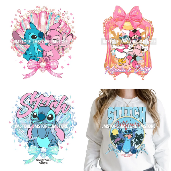 Retro Cartoon Happy Summer Vacation Vibes Coquette Seashells Iron on DTF Heat Transfer Stickers Ready to Press for Clothes Bags