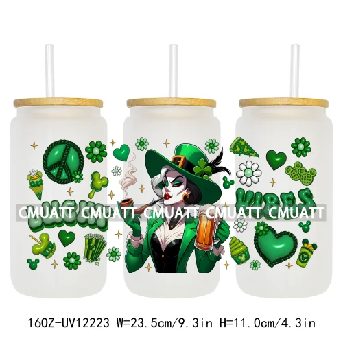 Cartoon Princess Girls St Patricks' Day Lucky Vibes 16OZ UV DTF Cup Transfer Wrap Sticker Waterproof Logos For Libbey Glass Can