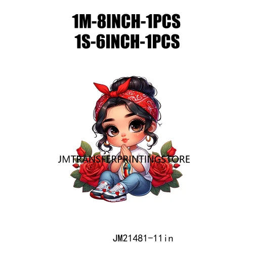 New Chibi Chicana Lovely Bow Rose Baby Girls Latina Princess Iron On DTF Heat Transfer Stickers Ready To Press For Clothing