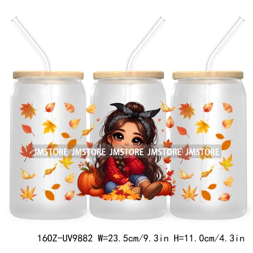 Mexican Latina Chibi Autumn Baby Girl UV DTF Sticker For 16OZ Libbey Glass Cup Can Wrap Transfer Stickers Custom Labels DIY Logo