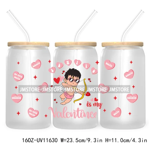 Cute Cartoon Couple XOXO Valentine's Day UV DTF Cup Wrap Transfer Stickers For 16OZ Libbey Glass Can Cupid Vibes Love Hearts