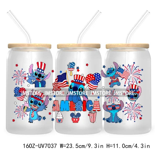 Happy 4TH Of July Cartoon Bear Friends 16OZ UV DTF Cup Wrap Transfer Stickers For Libbey Glass Can Cups Tumbler Waterproof Craft