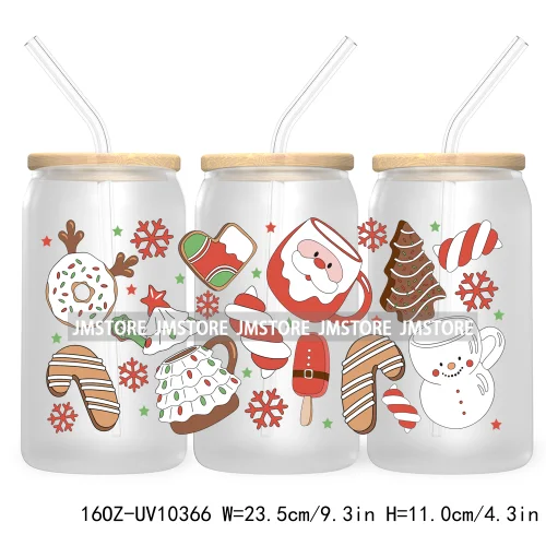 Retro Christmas Santa Claus 16OZ UV Cup Wrap DTF Transfer Stickers For Libbey Glass Can Cups Tumbler Cookie Gingerbread Dog Mom