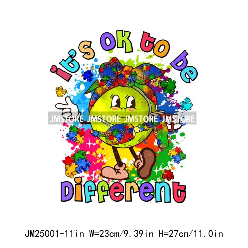 Colorful Autism Awareness Printing It's Okay To Be Different Iron On Heat Press DTF Transfer Stickers Ready To Press For Clothes