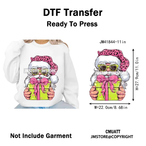 Pink Cartoon Glasses Coffee Drink Leopard Blowing Santa Claus Christmas Iron on DTF Transfer Stickers Ready to Press for T-shirt