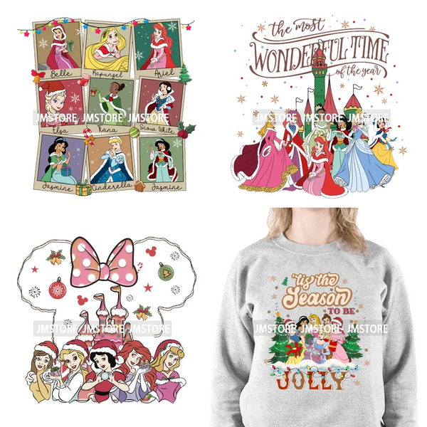 Cartoon Princess Jolly Tis The Season Christmas Party Best Day Ever Iron On DTF Transfers Stickers Ready To Press For T-shirts