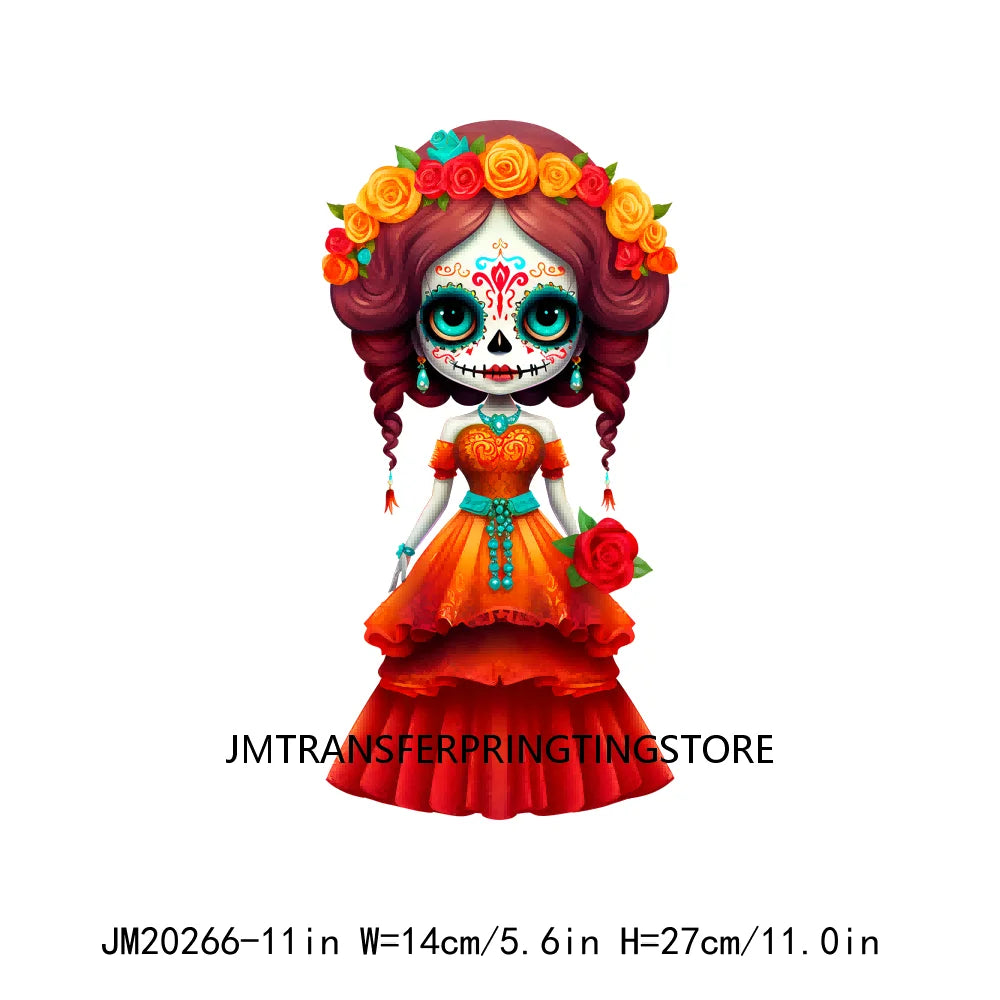 Cute Doll La Catrina Day Of The Dead Sugar Skull Mexican Halloween Iron On DTF Transfer Stickers Ready To Press For Hoodies Bags