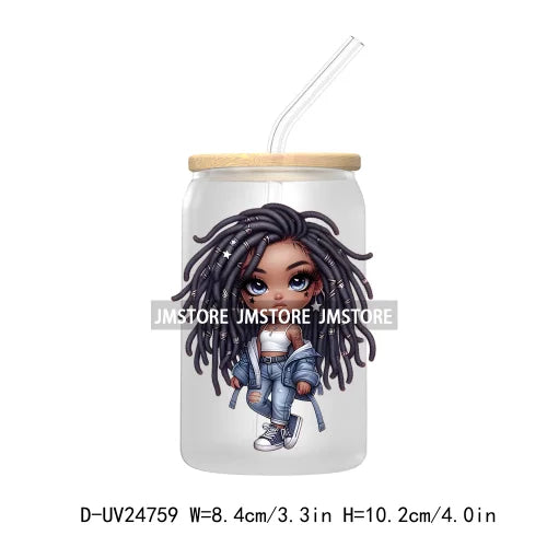 Black Chibi Girl UV DTF Transfers Stickers Decals For Libbey Cold Cups Mugs Tumbler Waterproof DIY Craft Beautiful Afro Woman