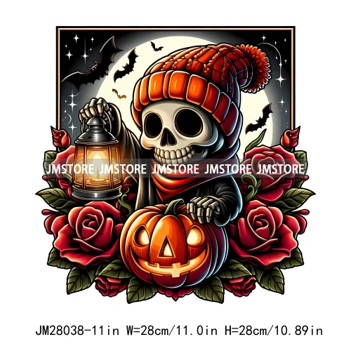 Cute Animals Skull Red Rose Pumpkin Halloween Spooky Vibes Design Logo Iron On DTF Transfer Stickers Ready To Press For Clothing