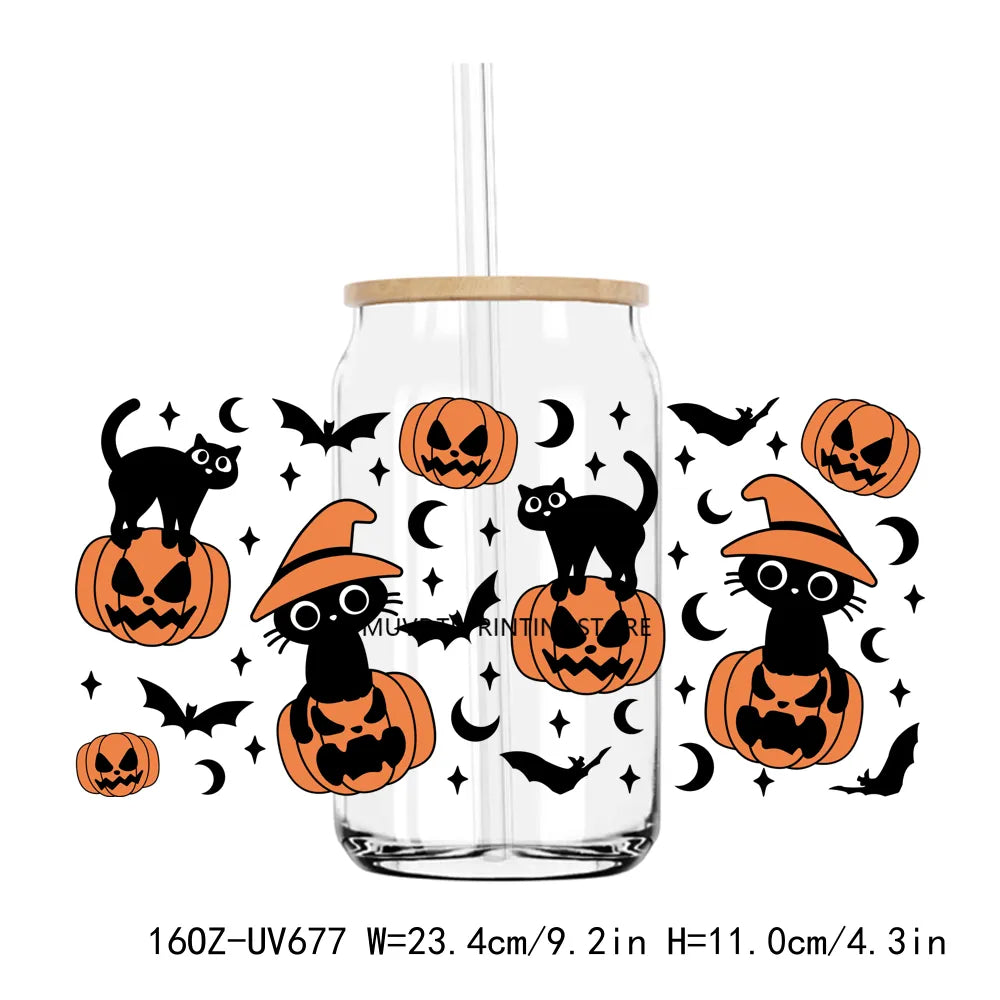 Halloween Black Cat Pumpkin 16OZ UV DTF Cup Wrap Transfer Stickers Custom Label DIY Durable Waterproof Logo For Libbey Glass Can