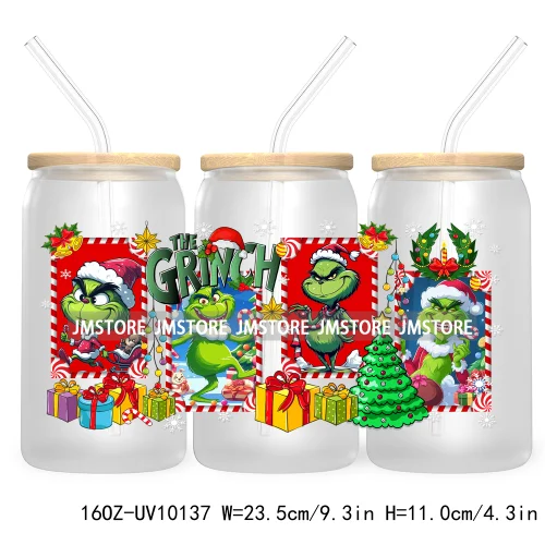 Christmas Coffee Cups Green Guy 16OZ UV Cup Wrap DTF Transfer Stickers For Libbey Glass Can Cup Tumbler Waterproof Label Cartoon