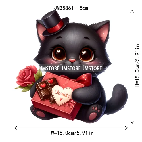 15cm 5.9in Kids Cute Flower Heart Love Valentine Black Cat Iron On Heat Transfer Sticker For Clothes Print Vinyl Washable Decal
