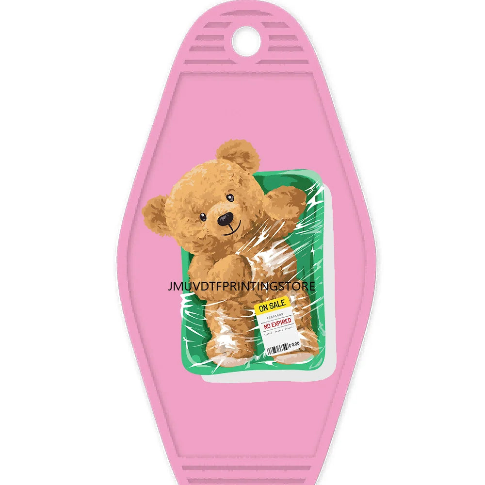 Cute Pink Teddy Bear Girl High Quality WaterProof UV DTF Sticker For Motel Hotel Keychain Brown Bears Baseball