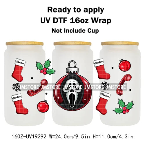 Horror Killers Christmas Ball Stocking Season UV DTF Wraps Transfer Stickers Ready To Apply Waterproof For 16OZ Libbey Glass Can