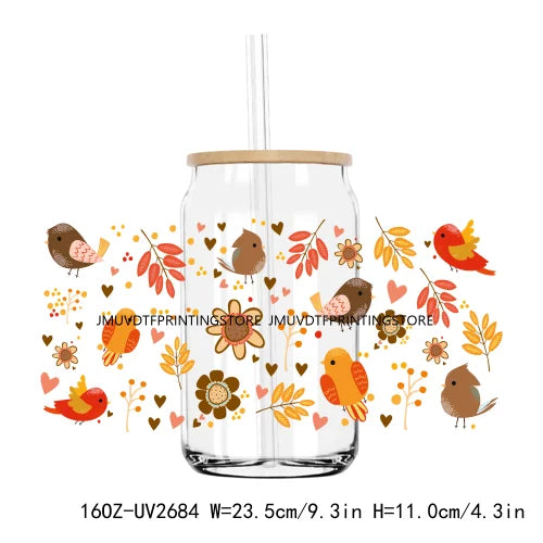 Birds With Autumn Leaves UV DTF Sticker For 16OZ Libbey Glass Cup Can Wrap Transfer Sticker Custom Labels DIY Logo Fall Pumpkin