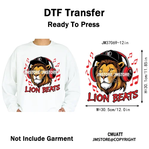 12in Urban Gangster Rich Money Lion Beats Shark Vibes Iron on DTF Thermal Transfers Stickers Ready to Press for T-shirts Bags