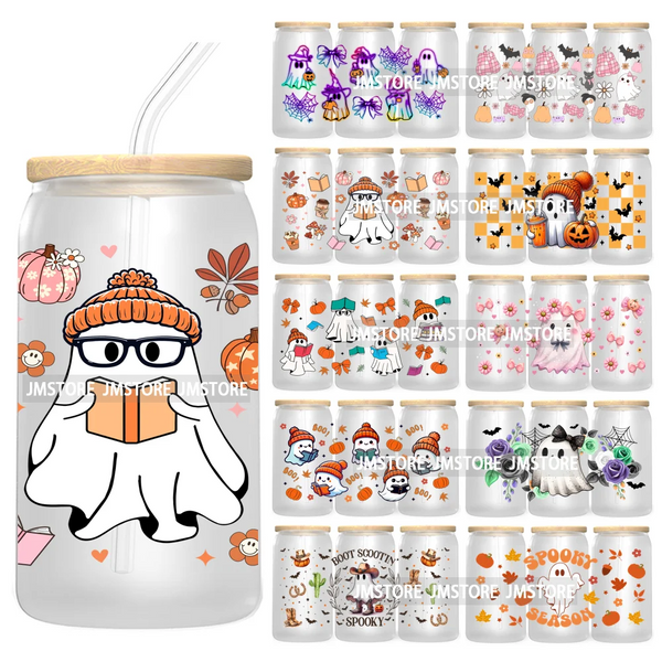 Cute Ghoul Halloween 16OZ UV Cup Wrap DTF Transfer Stickers For Libbey Glass Can Cups Tumbler Waterproof Labels Ghost Reading