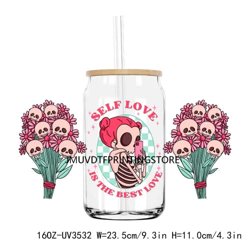 Valentine's Day Skull Skeletion Flower UV DTF Sticker For 16OZ Libbey Glass Cup Can Wrap Transfer Sticker Custom Labels DIY Logo