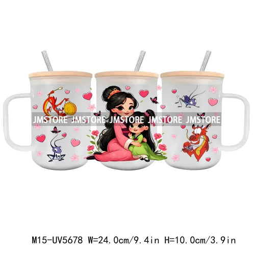 Mom And Daughter Cartoon Princess UV DTF Sticker For 15OZ Mug Libbey Glass Cup Can Wrap Transfer Stickers Custom Labels DIY Logo