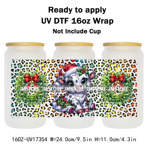 Watercolor Christmas Highland Cows Gift Leopard Print 16OZ UV DTF Cup Wraps Ready To Apply Transfer Sticker For Libbey Glass Can