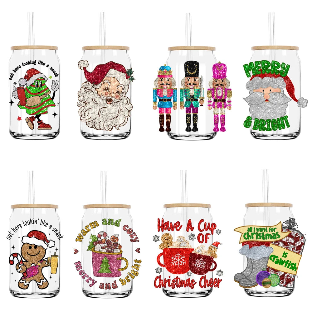 Faux Sparkly Glitter Christmas Santa Tree UV DTF Transfers Stickers Decals For Libbey Cold Cups Mugs Tumbler Waterproof DIY Logo