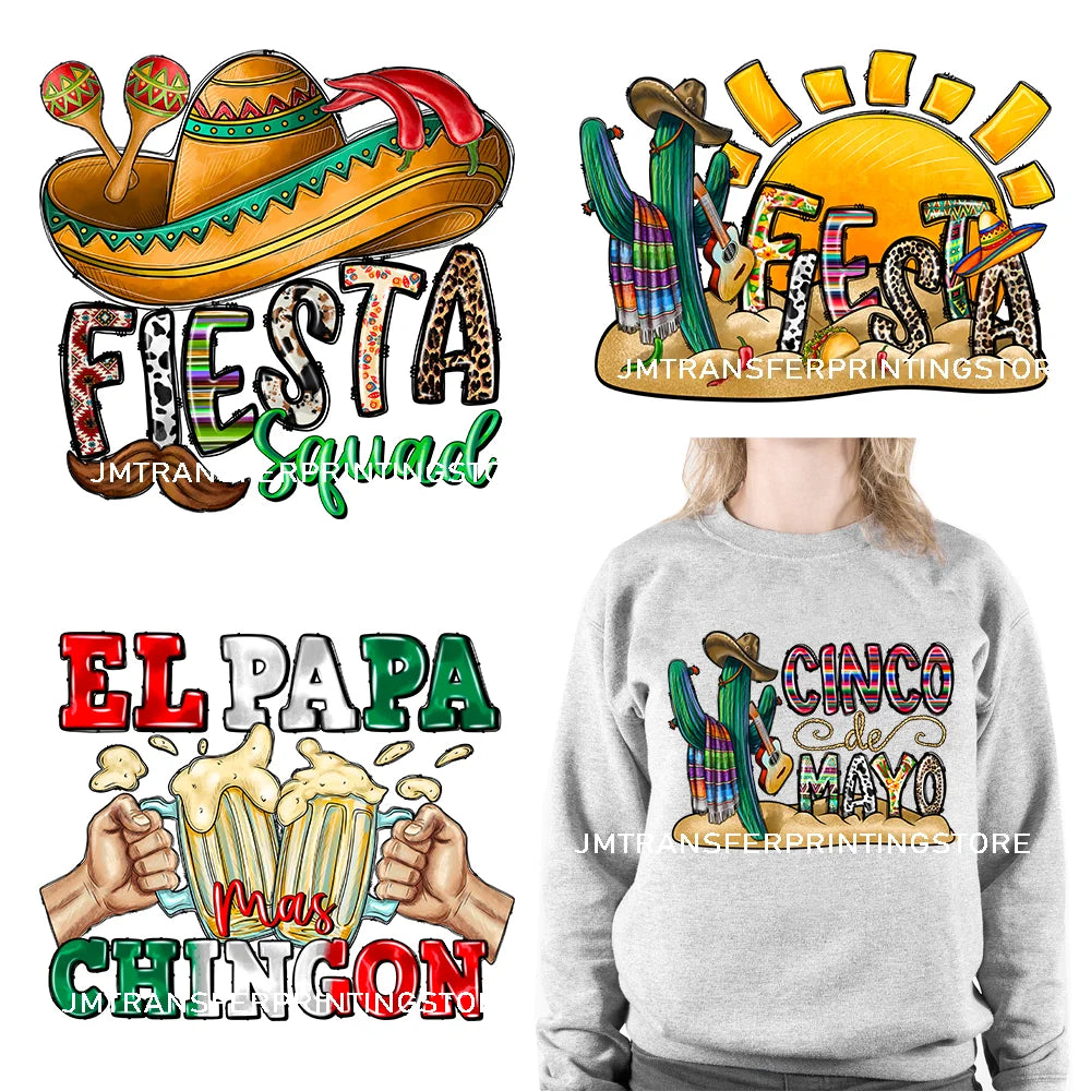 New Let's Fiesta Mexican Happy Cinco De Mayo Iron On DTF Stickers Sombrero Hat Cactus Fiesta Squad Transfer Printing For Hoodies