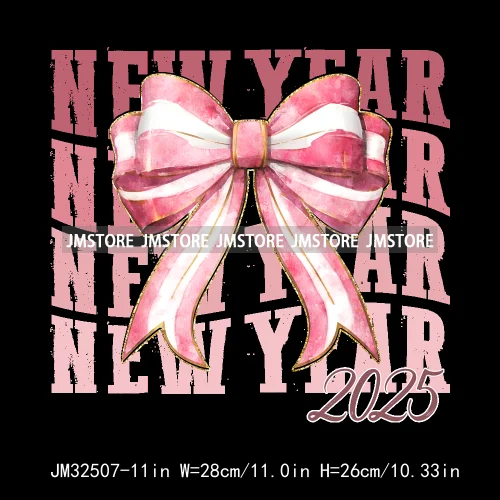 Pink Cheer New Year Eve 2025 Disco Ball Coquette Bow Christmas Party Iron On DTF Transfer ticker Ready To Press For Sweatshirt