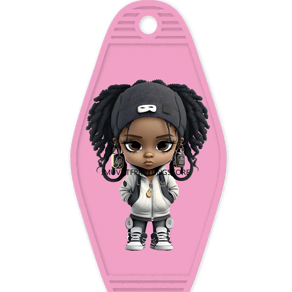 Cool Dreadlock Afro Girl High Quality WaterProof UV DTF Sticker For Motel Hotel Keychain Black Hip Hop Kids