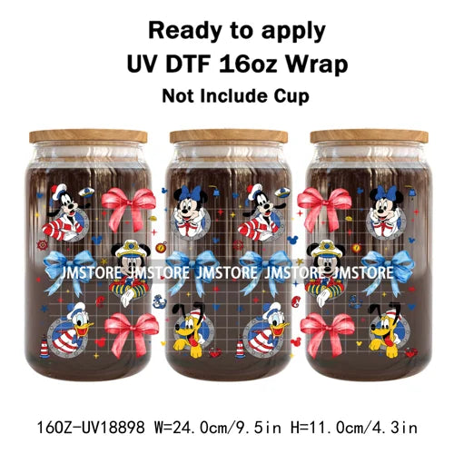 Coquette Bow Cartoon Princess Mirror UV DTF Cup Wrap Ready To Apply Transfer Stickers Waterproof Logo For 16OZ Libbey Glass Can