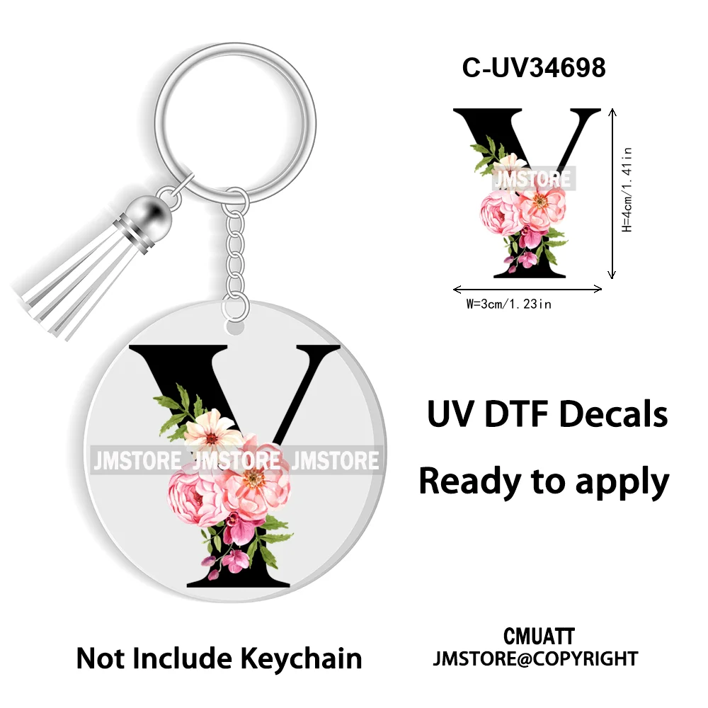 Floral Whole Entire Alphabet Flowers Black Letters Monogram WaterProof UV DTF Stickers For Round Circle Acrylic Keychain Keyring