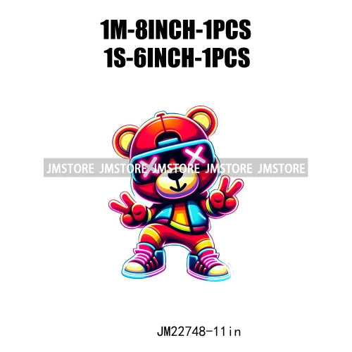 Cool Neon Colorful Hip Hop Streetwear Urban Teddy Bear Iron On DTF Transfers Stickers Ready To Press For Clothing Bags