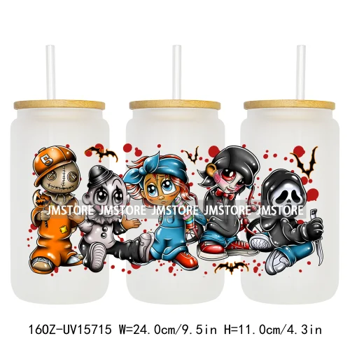 Funny Horror Halloween Characters UV DTF Wraps Transfer Sticker Selfadhesive Waterproof High Quality For 16OZ Libbey Glass Can