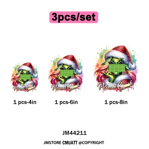 Winter Christmas Cartoon Holiday Characters Thug Life Green Iron on Washable DTF Transfers Stickers Ready to Press for Textiles