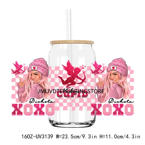 Pink Valentines Bichota Cupid Vibes 16OZ UV DTF Cup Wrap Transfers Stickers Custom DIY Waterproof Logo For Libbey Glass Can XOXO