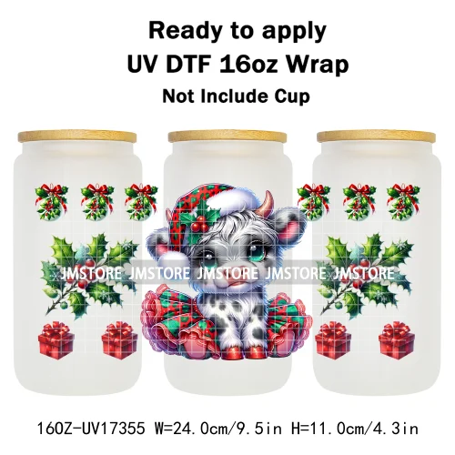 Watercolor Christmas Highland Cows Gift Leopard Print 16OZ UV DTF Cup Wraps Ready To Apply Transfer Sticker For Libbey Glass Can
