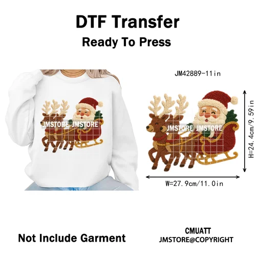Preppy Faux Yarn Santa Tree Reindeer Cow Christmas Season Iron on DTF Washable Transfers Stickers Ready to Press for Clothing