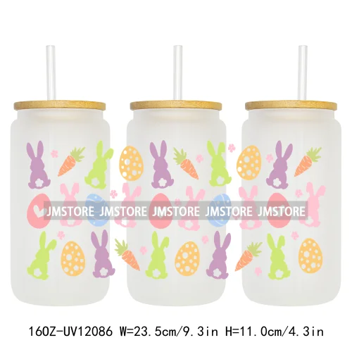 Retro Easter Bunny Rabbit Eggs Flowers 16OZ UV Cup Wrap DTF Transfer Stickers For Libbey Glass Can Cup Tumbler Waterproof Labels