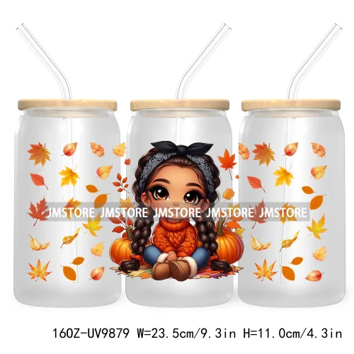 Mexican Latina Chibi Autumn Baby Girl UV DTF Sticker For 16OZ Libbey Glass Cup Can Wrap Transfer Stickers Custom Labels DIY Logo