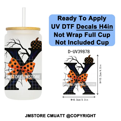 Polka Dot Pumpkin Halloween Letter Coquette UV DTF Decals Ready To Apply Waterproof Transfer Stickers For 16OZ Libbey Glass Can