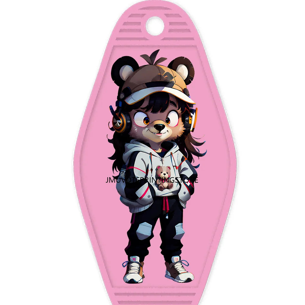 Cute Cat Girl Teddy Bears King High Quality WaterProof UV DTF Sticker For Motel Hotel Keychain Pink Cartoon Animals