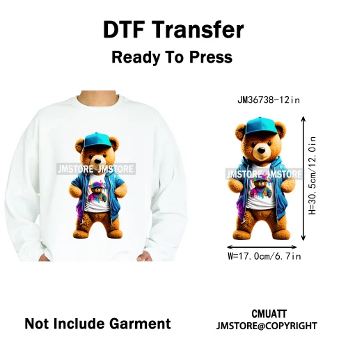 12in Cool Retro Urban Streetwear Graffiti Hip Hop Teddy Bear Iron On DTF Washable Transfers Stickers Ready to Press For Clothing