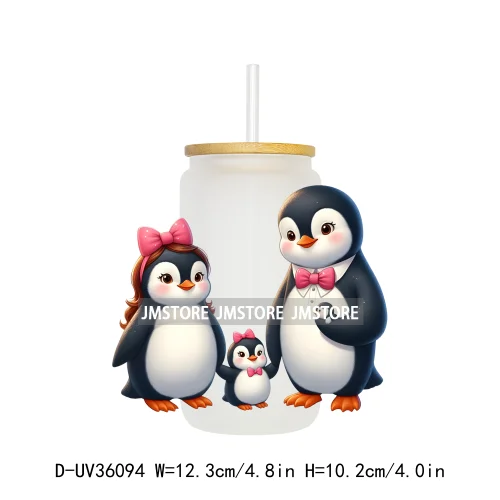 Penguin Family Coquette Bow UV DTF Transfer Stickers Decals Ready To Apply Waterproof For 16OZ Libbey Glass Can Cups Tumbler
