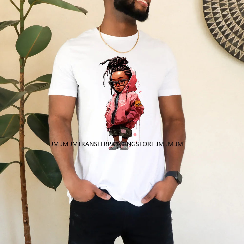 Dreadlocks Coffee Chibi Black Girls Pink Fashion African American Denim Girl Iron On DTF Heat Press Transfer Stickers For Shirts