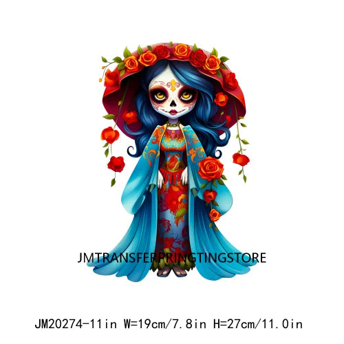 Cute Doll La Catrina Day Of The Dead Sugar Skull Mexican Halloween Iron On DTF Transfer Stickers Ready To Press For Hoodies Bags