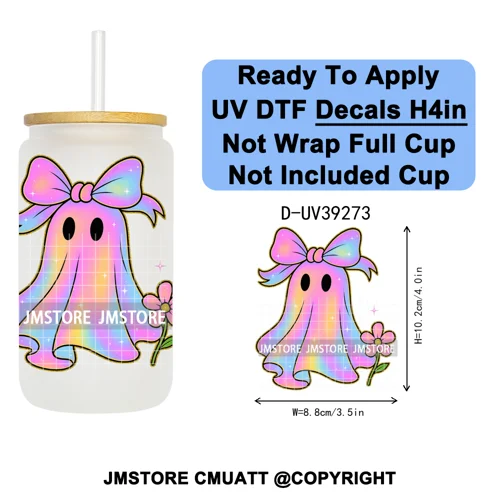 Iridescent Ghost Pumpkin Coquette Halloween UV DTF Transfer Stickers Decals Ready To Apply Waterproof For 16OZ Libbey Glass Can