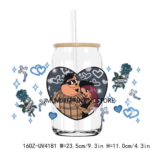 Cartoon Valentines Couple Love 16OZ UV DTF Cup Wrap Transfers Stickers Custom Labels DIY Waterproof Logo For Libbey Glass Can