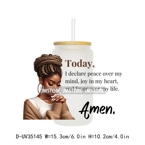 Christian Quotes Afro Pray Girl UV DTF Transfer Stickers Decals Ready To Apply Waterproof For 16OZ Libbey Glass Can Cups Tumbler