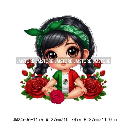 Cute Chibi Mexican Girl Designs Hispanic Red Rose Green Coquette Bow Latina Princess Iron On DTF Transfers Stickers For T-shirts