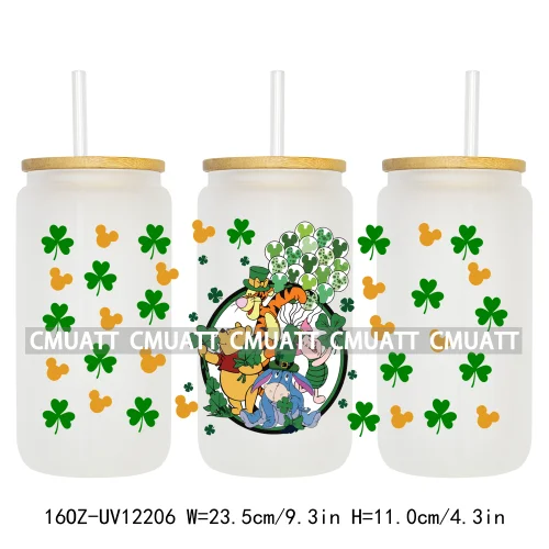 Cartoon St Patricks' Day Lucky Shamrock Animals 16OZ UV DTF Cup Wrap Sticker Custom Label Waterproof Logo For Libbey Glass Can