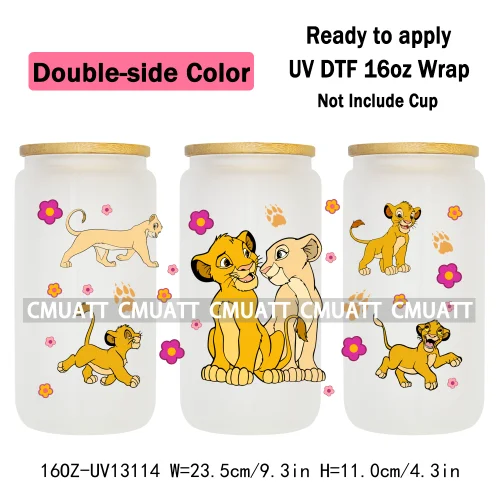 Double Side Color Cartoon Lion UV DTF Cup Wrap Transfer Stickers For 16oz Libbey Glass Beer Selfadhesive Waterproof Adhesive